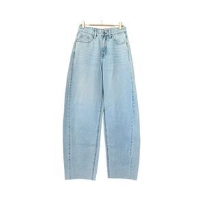 High Waist Raw Hem Wide Leg Jeans - Light Blue - 25